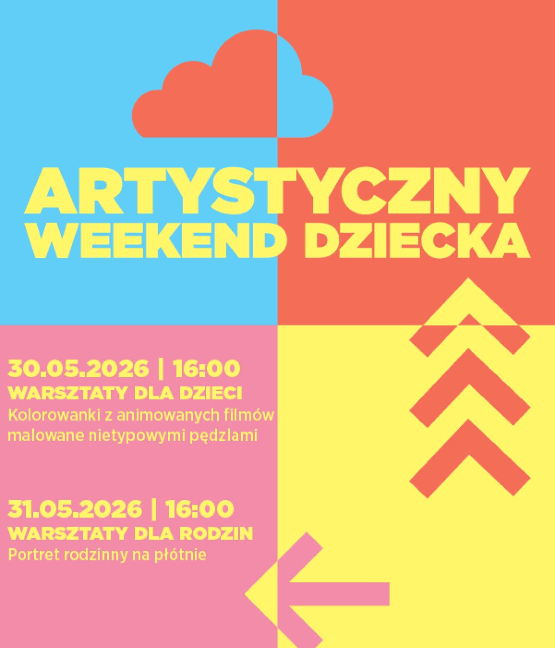 plakat wydarzenia złożony z pól w kolorach niebieskim, pomarańczowym, różowym i żółtym