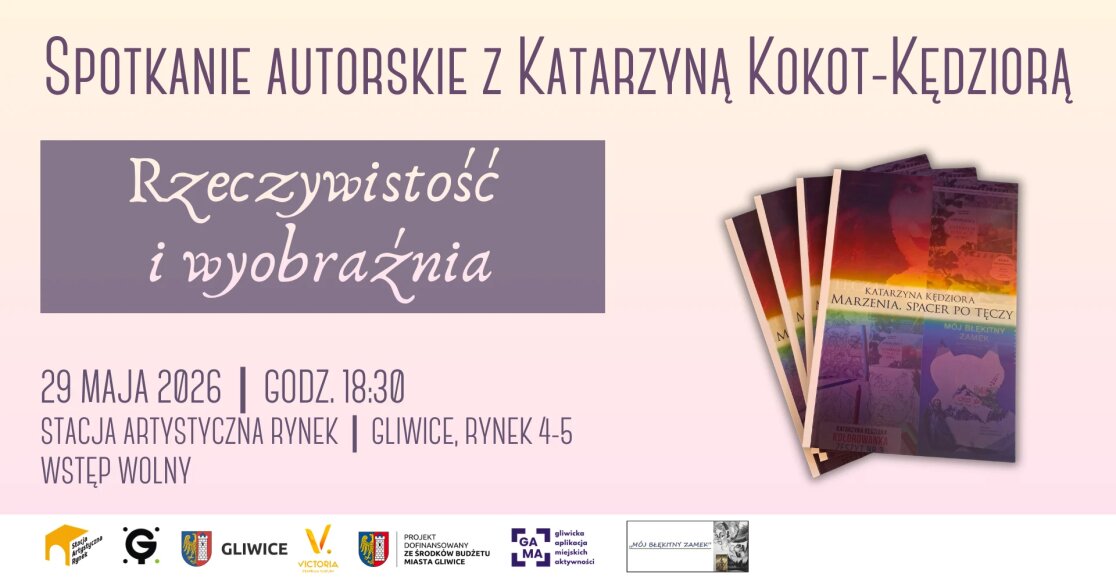 Plakat spotkania autorskiego z Katarzyną Kokot-Kędziorą pt. Rzeczywistość i wyobraźnia, które odbędzie się 29 maja 2026 r. w Stacji Artystycznej Rynek w Gliwicach.