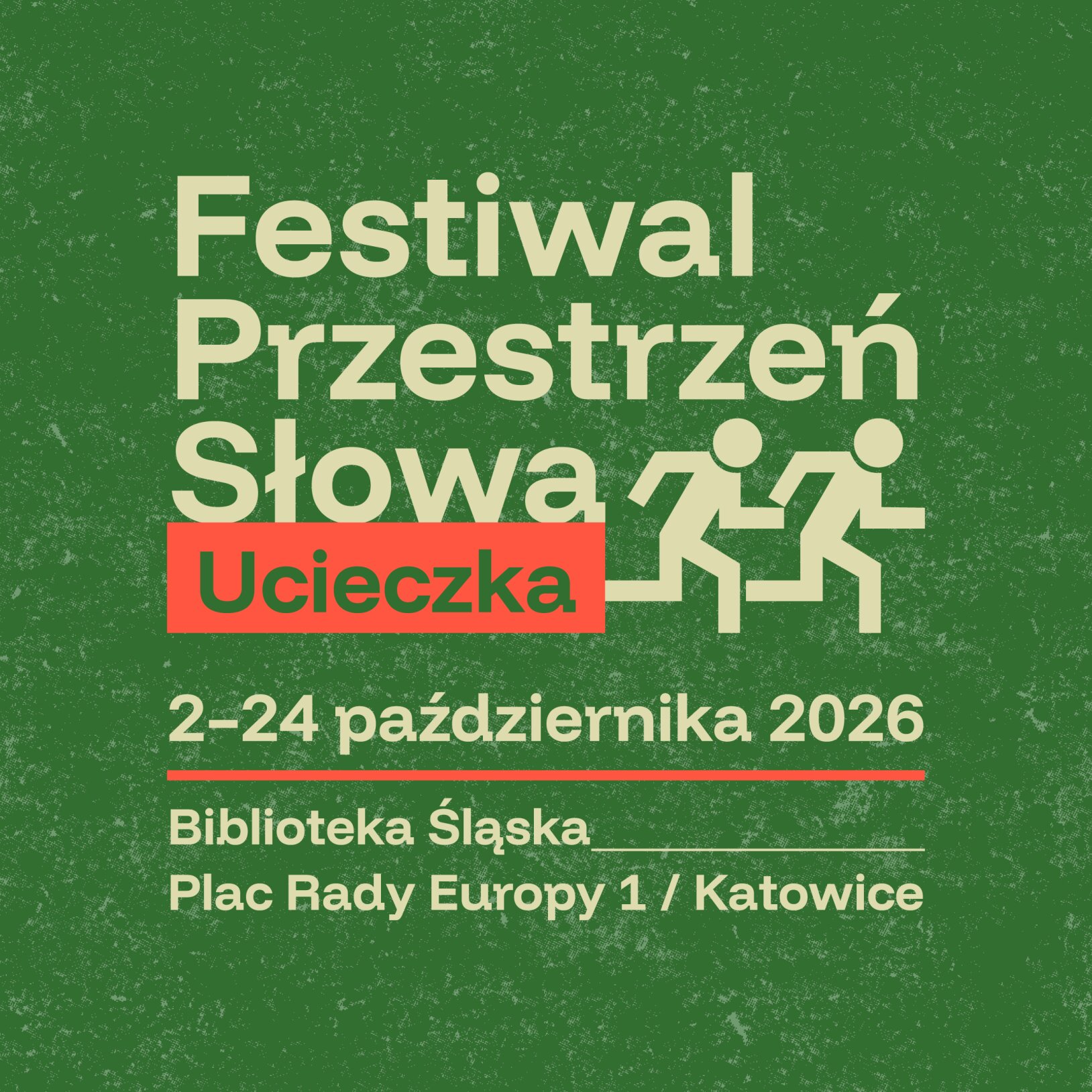 zielone tło z napisem Festiwal Przestrzeń słowa ucieczka z dwiema uciekającymi, rysunkowymi postaciami