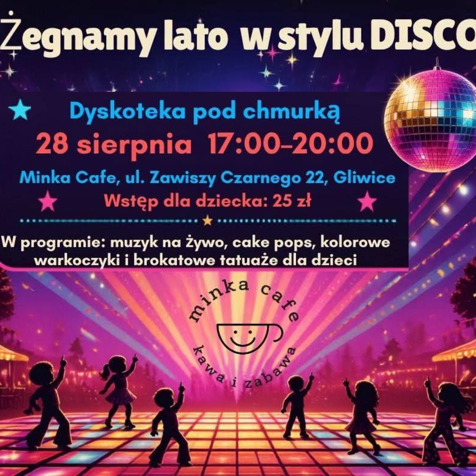 Plakat przedstawiający 6 tańczących, ciemnych postaci na tle błyskającej kuli dyskotekowej