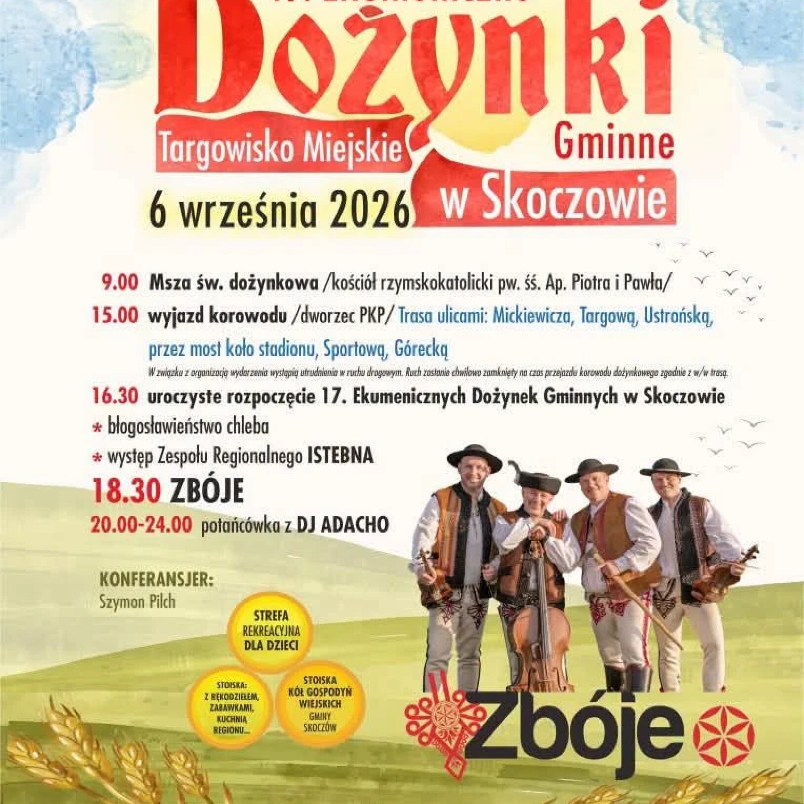 postacie wiejskie na łące z dużym napisem dożynki