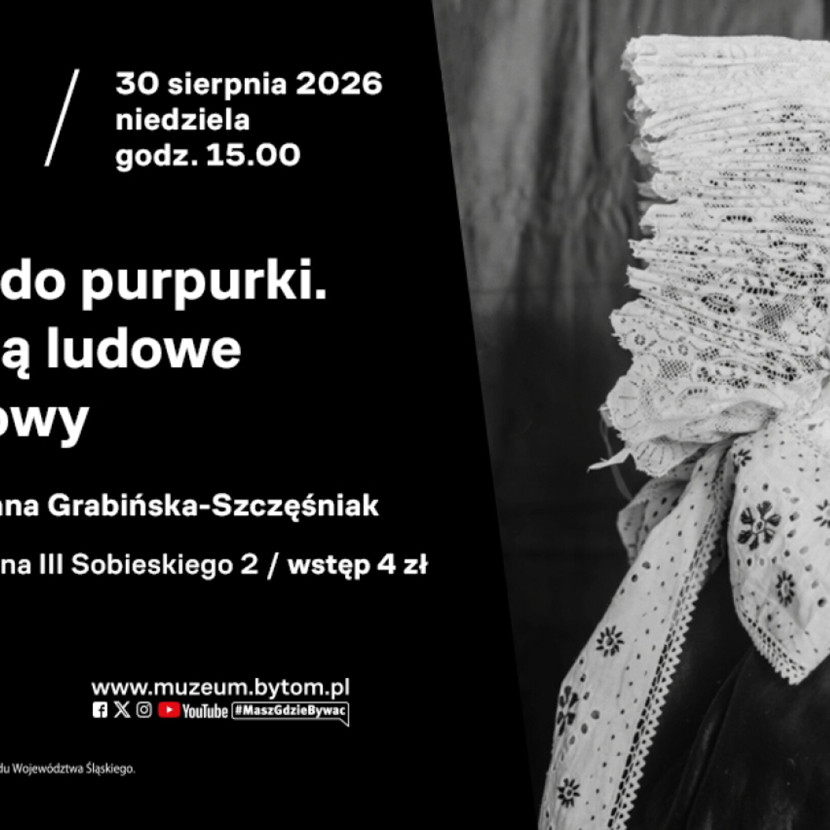 Czarno-biały plakat z osobą w chustce na głowie.