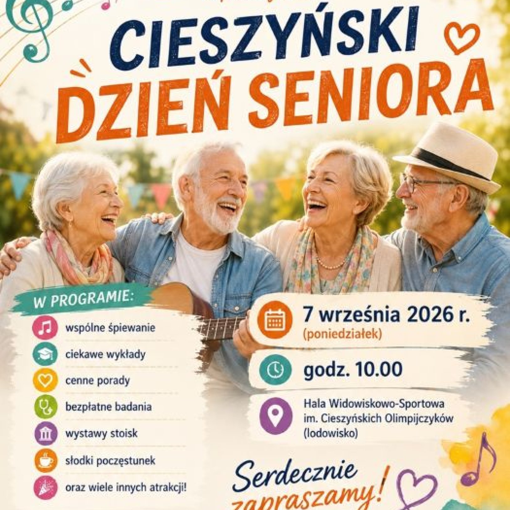 Cztery starsze, uśmiechnięte osoby na plakacie