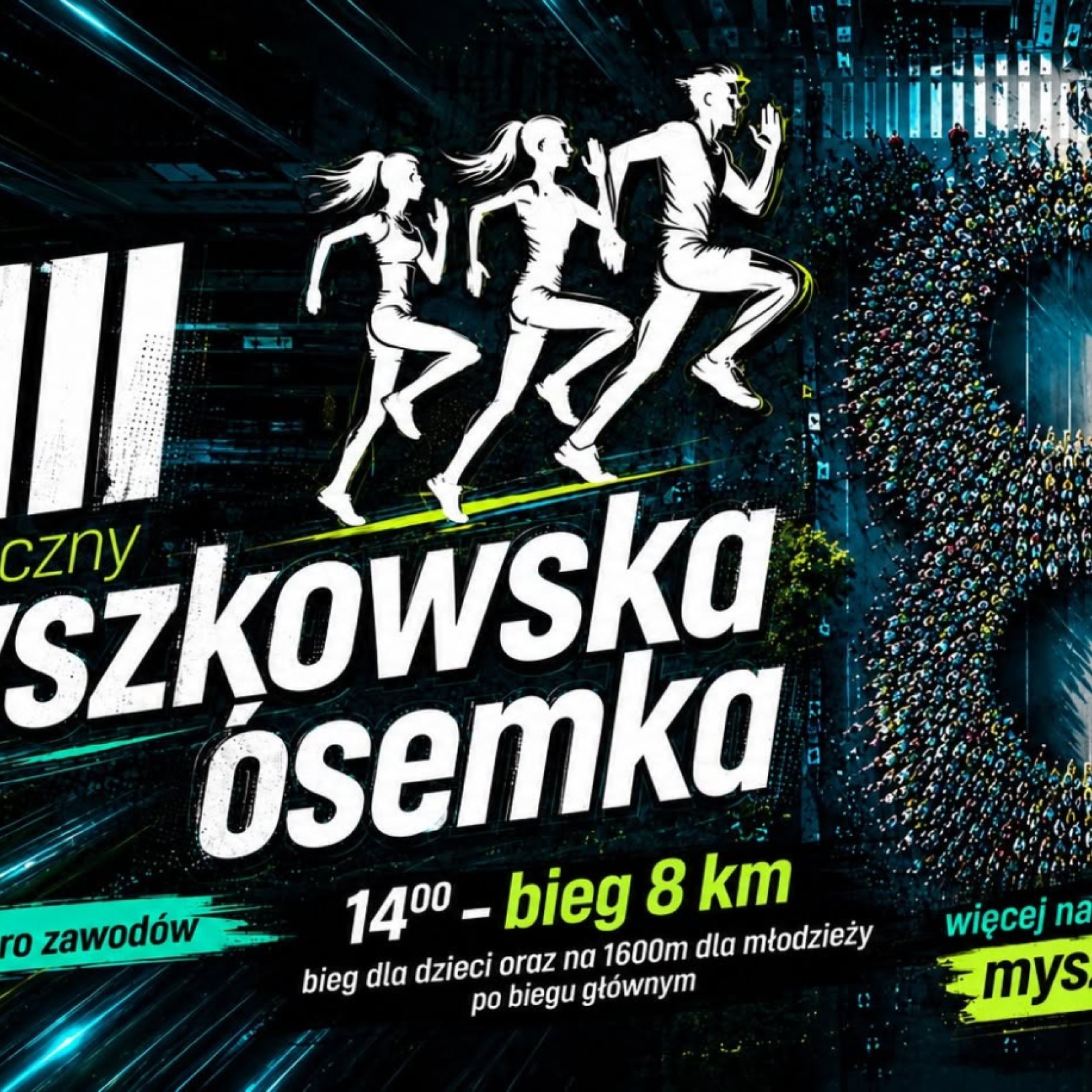 plakat przedstawiający trzy biegające osoby