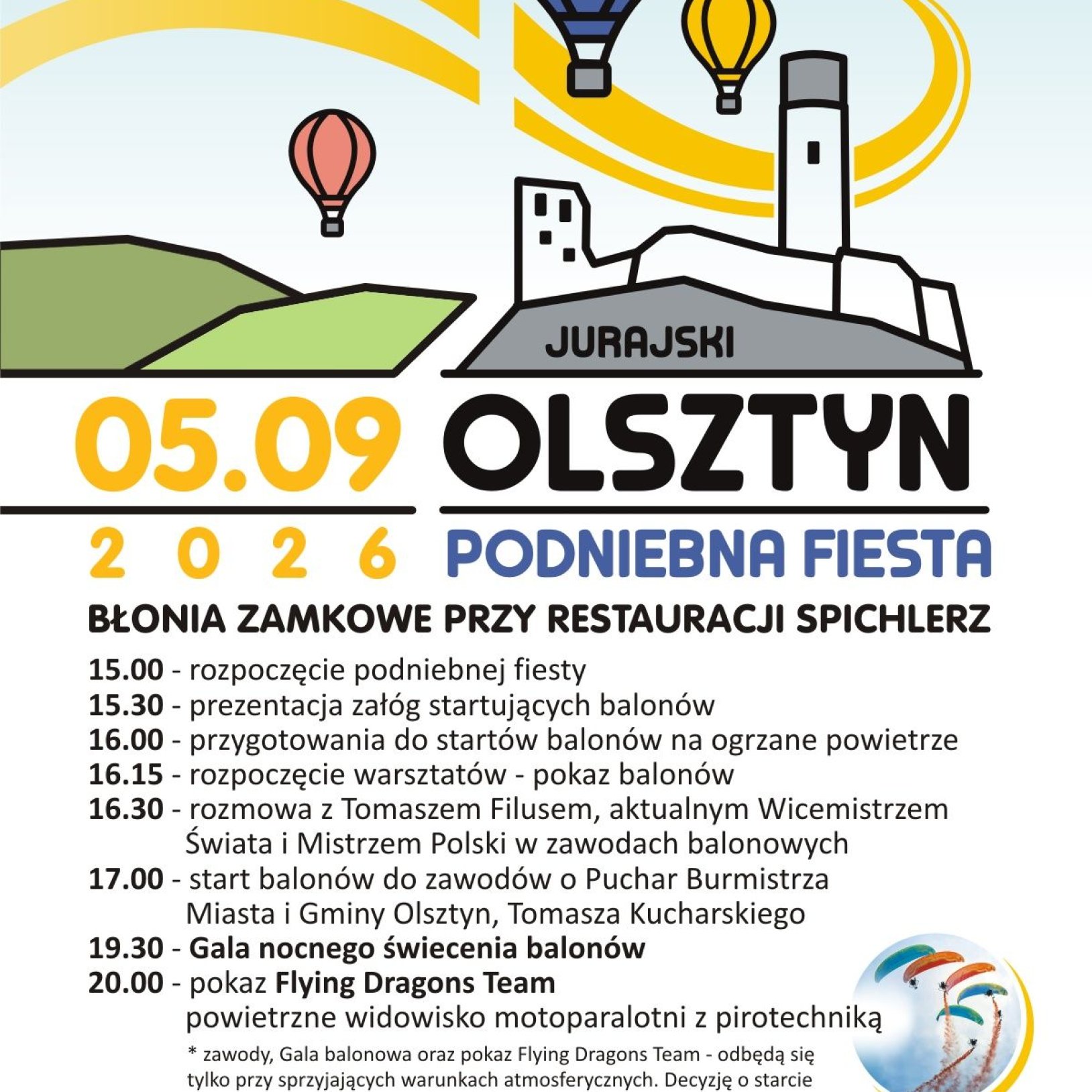 program wydarzenia, balony na tle zamku