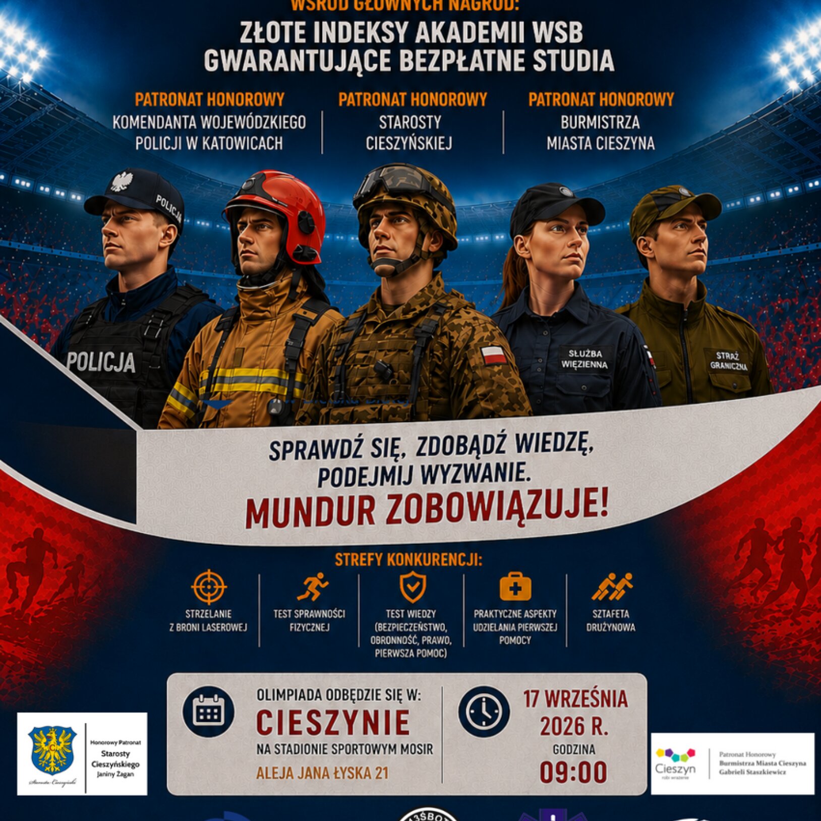 Pracownicy służb mundurowych na ciemnym tle