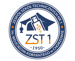 Okrągłe logo ZST nr 1 z grafiką pendrive'a i studenckiej czapki