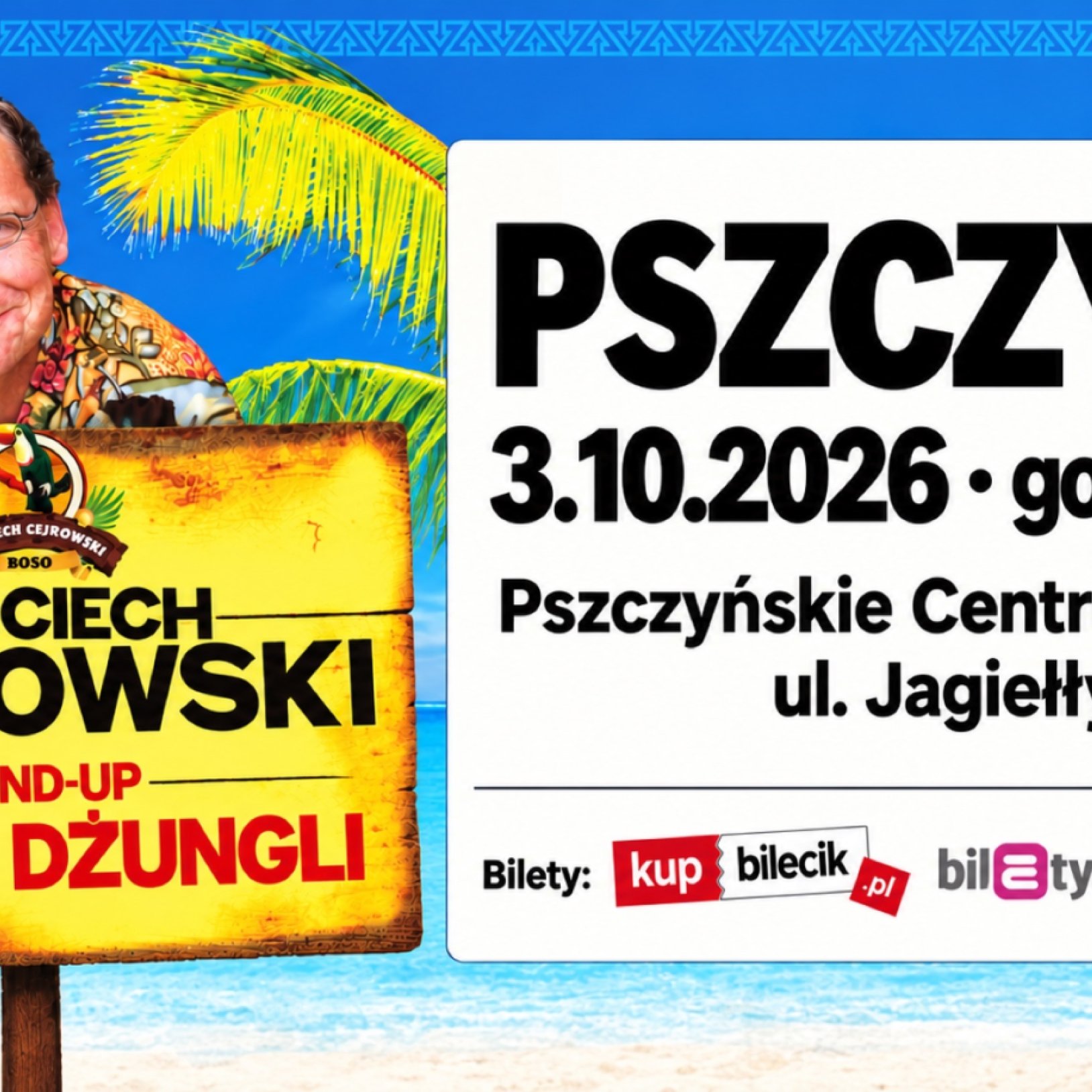 Wojciech Cejrowski na tle nieba i palm