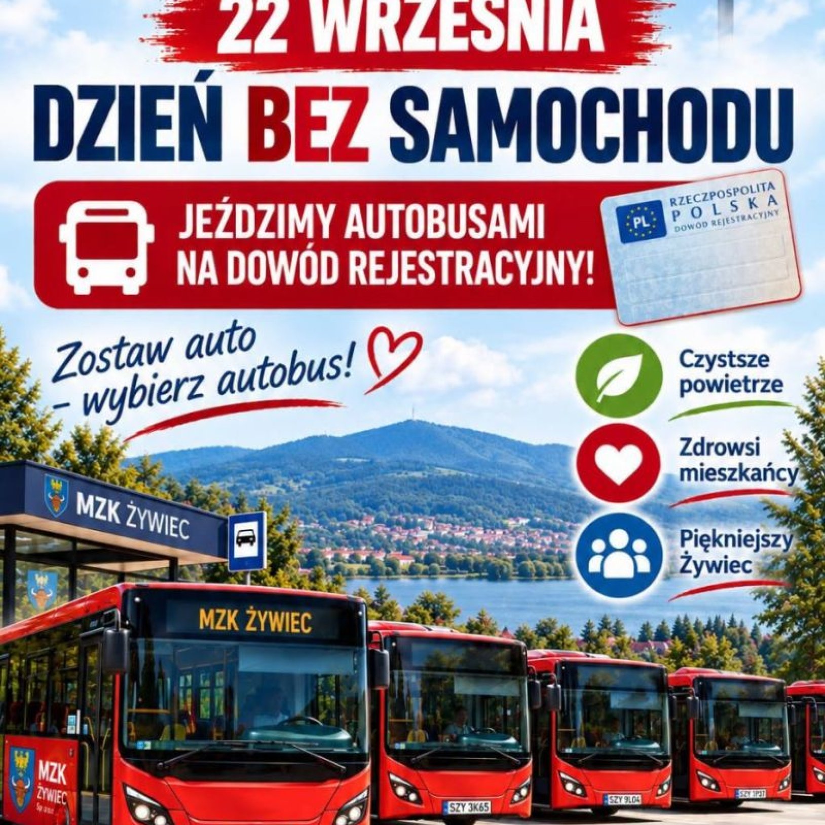 Autobusy na tle jeziora Żywieckiego i gór