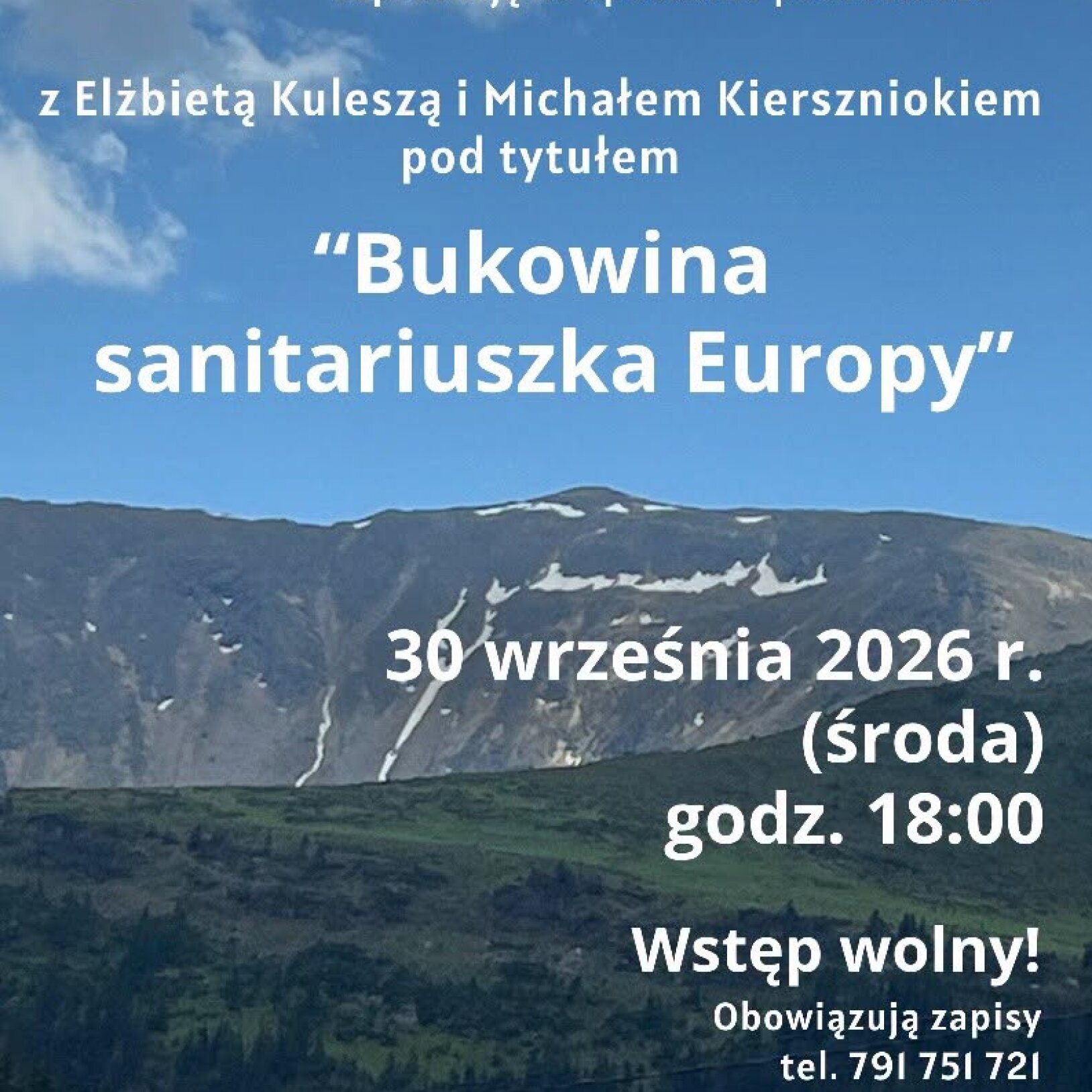 widok na góry świętokrzyskie z białym napisem Bukowina – sanitariuszka Europy – spotkanie podróżnicze