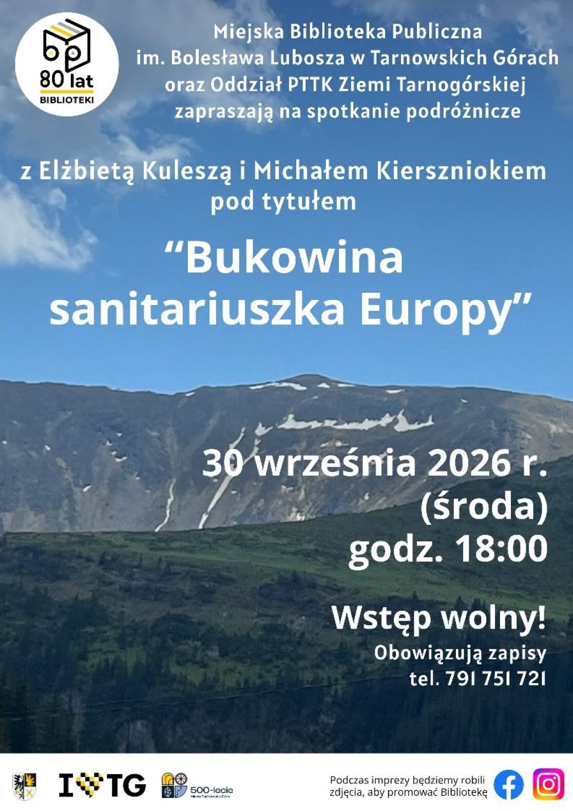 widok na góry świętokrzyskie z białym napisem Bukowina – sanitariuszka Europy – spotkanie podróżnicze