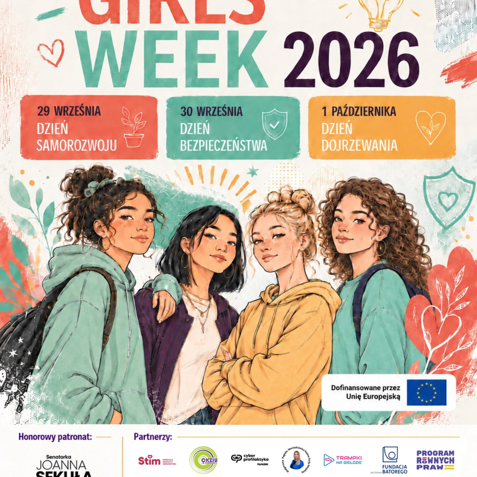 rysunkowe 4 nastolatki stojące pod napisem Girls Week 2026