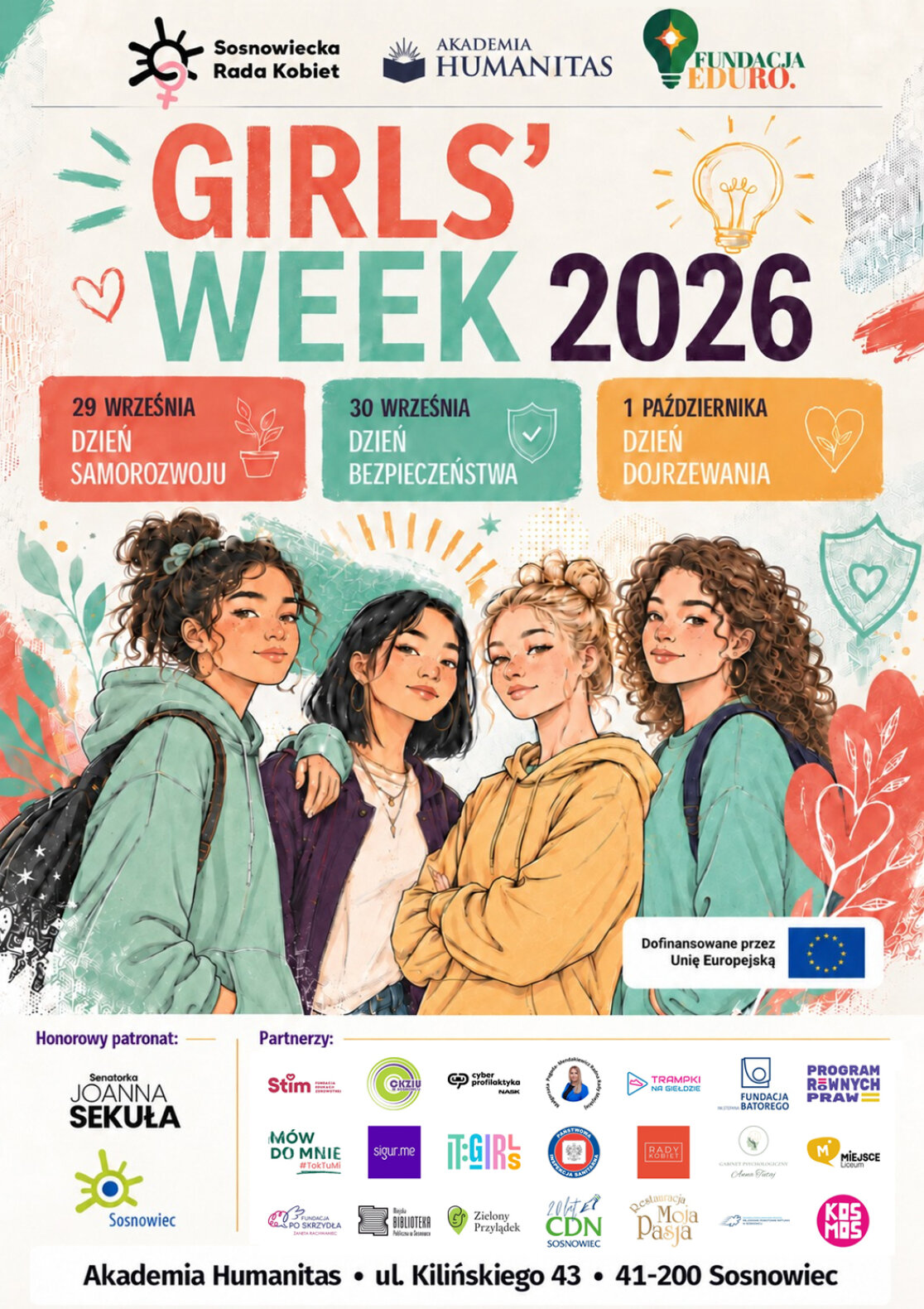 rysunkowe 4 nastolatki stojące pod napisem Girls Week 2026