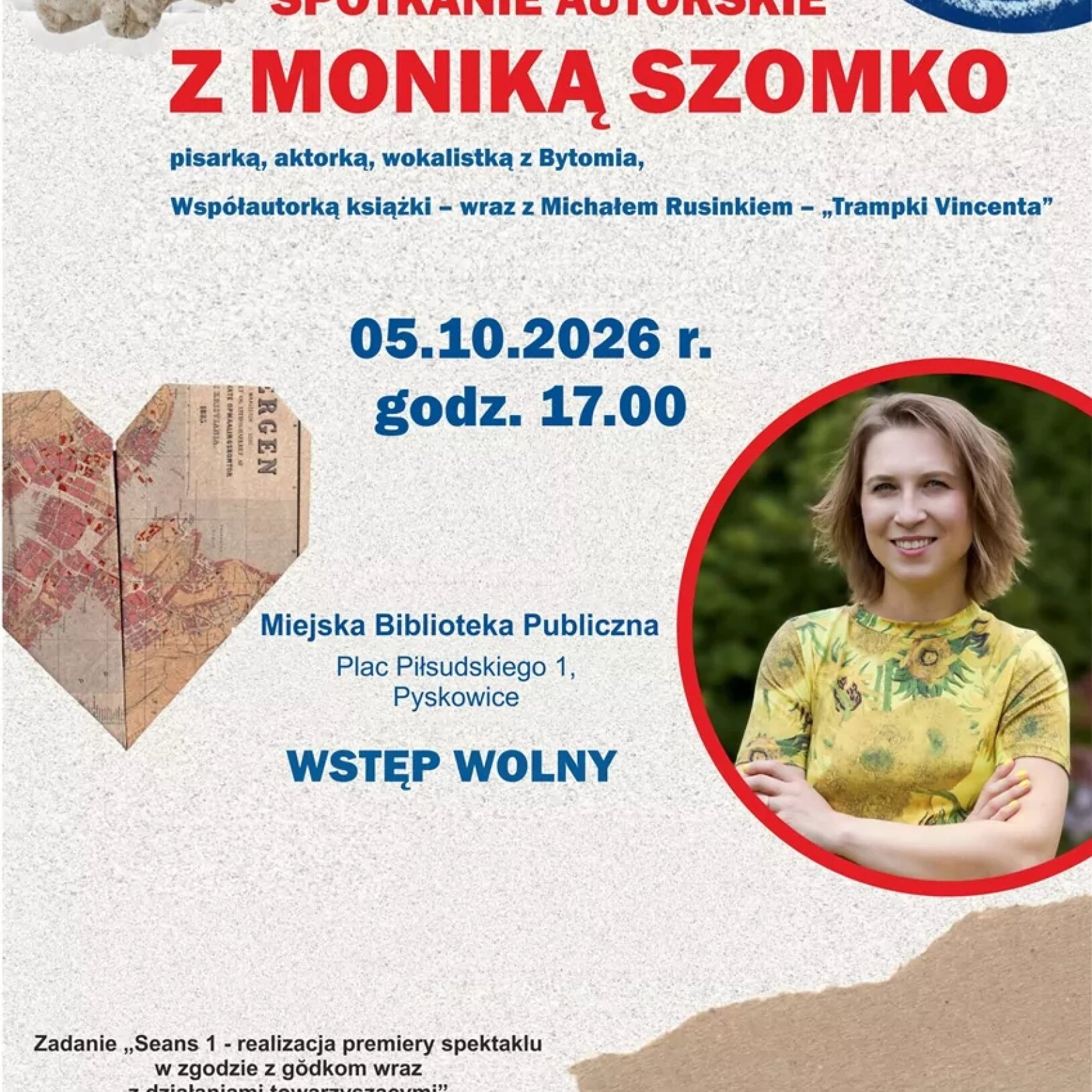 Monika Szomko spotka się z czytelnikami w Pyskowicach - grafika przedstawiająca wydarzenie