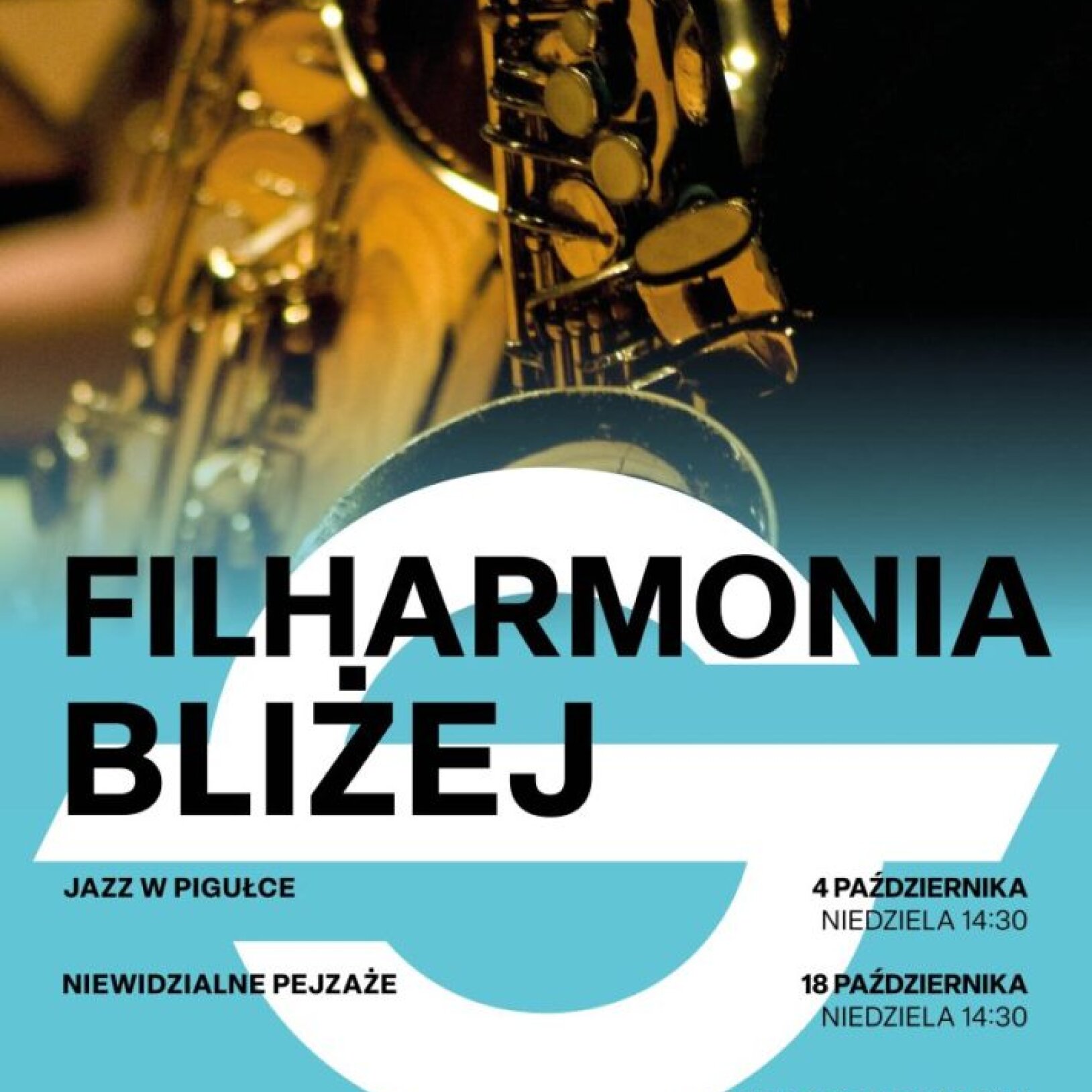 zdjęcie puzonu i czarny napis Filharmonia bliżej