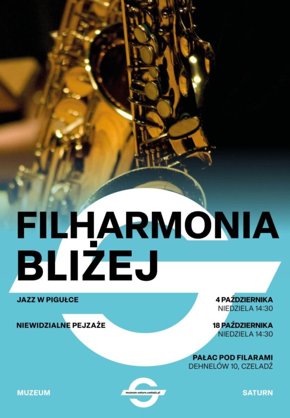 zdjęcie puzonu i czarny napis Filharmonia bliżej