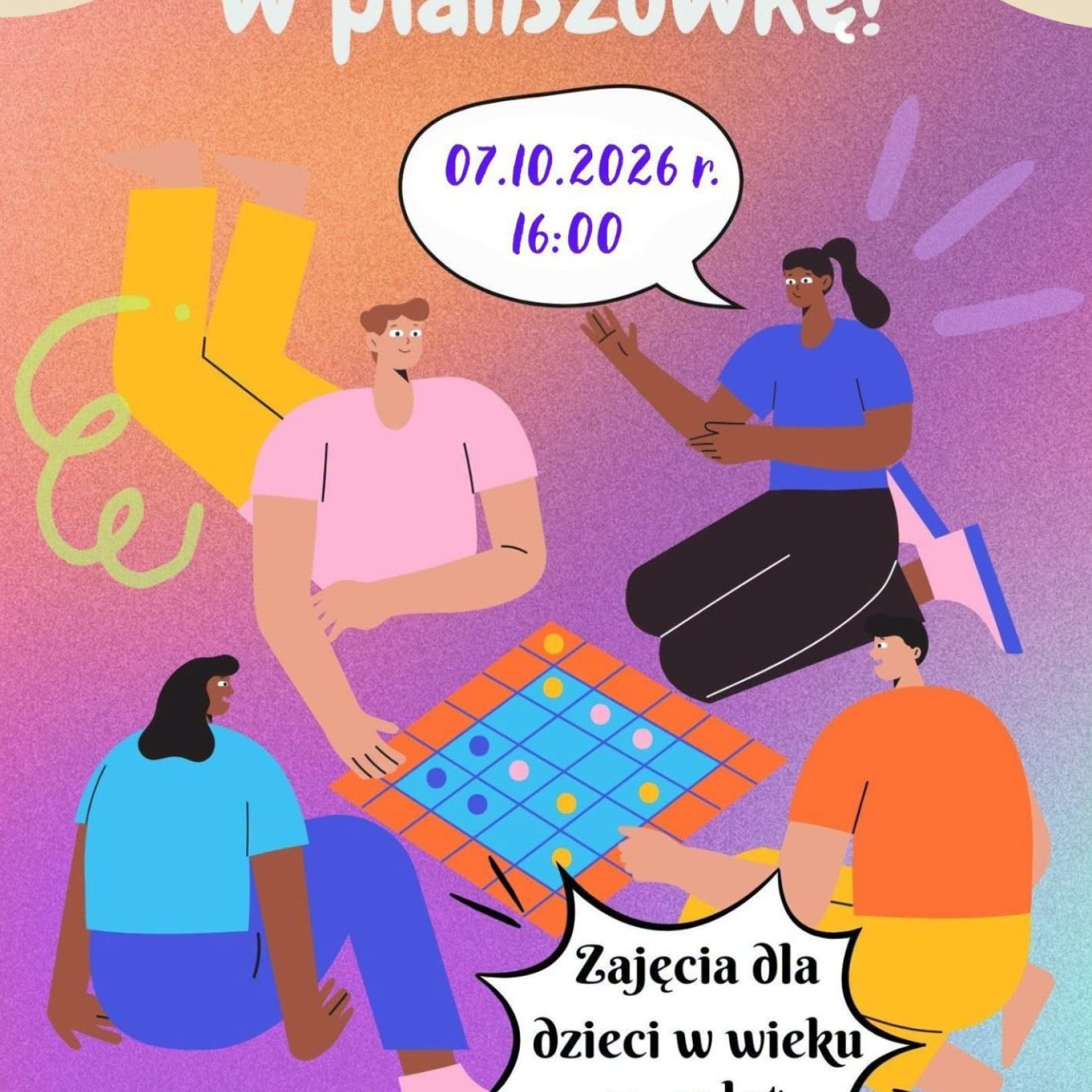 Kolorowy plakat przedstawiający cztery postacie grające w gry planszowe