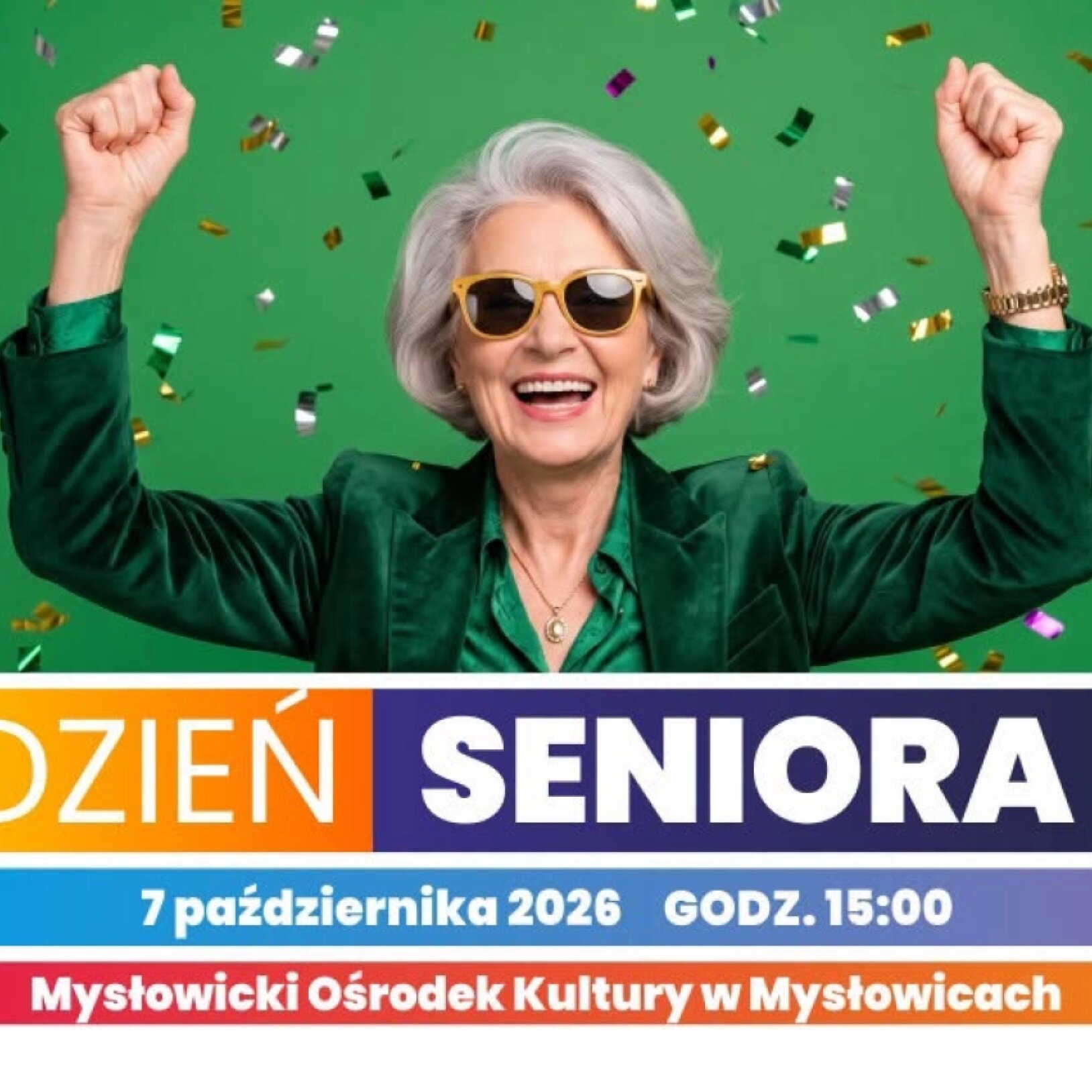 uradowana kobieta z siwymi włosami w okularach przeciwsłonecznych na zielonym tle i konfetti