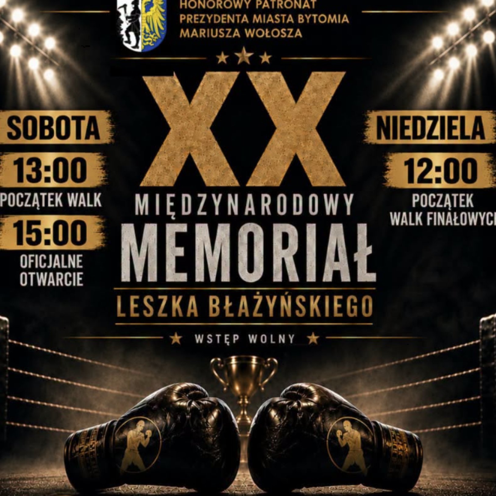 czarne rękawice bokserskie pod napisem XX międzynarodowy memoriał Leszka Błażyńskiego