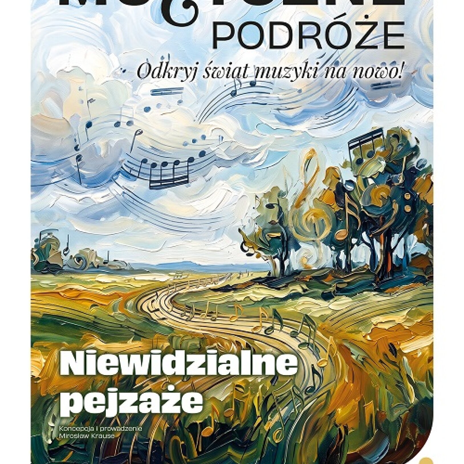 Plakat przedstawiający nutki na namalowanym obrazi drzew i łąki