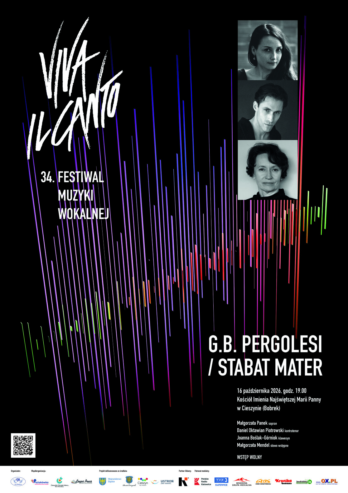 Plakat 34. Festiwalu Muzyki Wokalnej Viva il canto z kolorowymi pionowymi liniami na czarnym tle, trzema portretami wykonawców oraz informacjami o koncercie Stabat Mater G.B. Pergolesiego.
